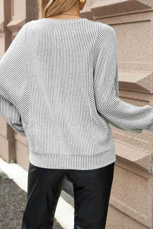 Ribbed Knit Round Neck Drop Shoulder Lantern Sleeve Top